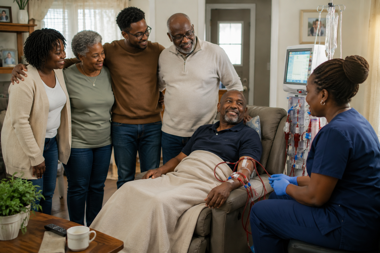 A family visiting their father during a dialysis session, smiling together