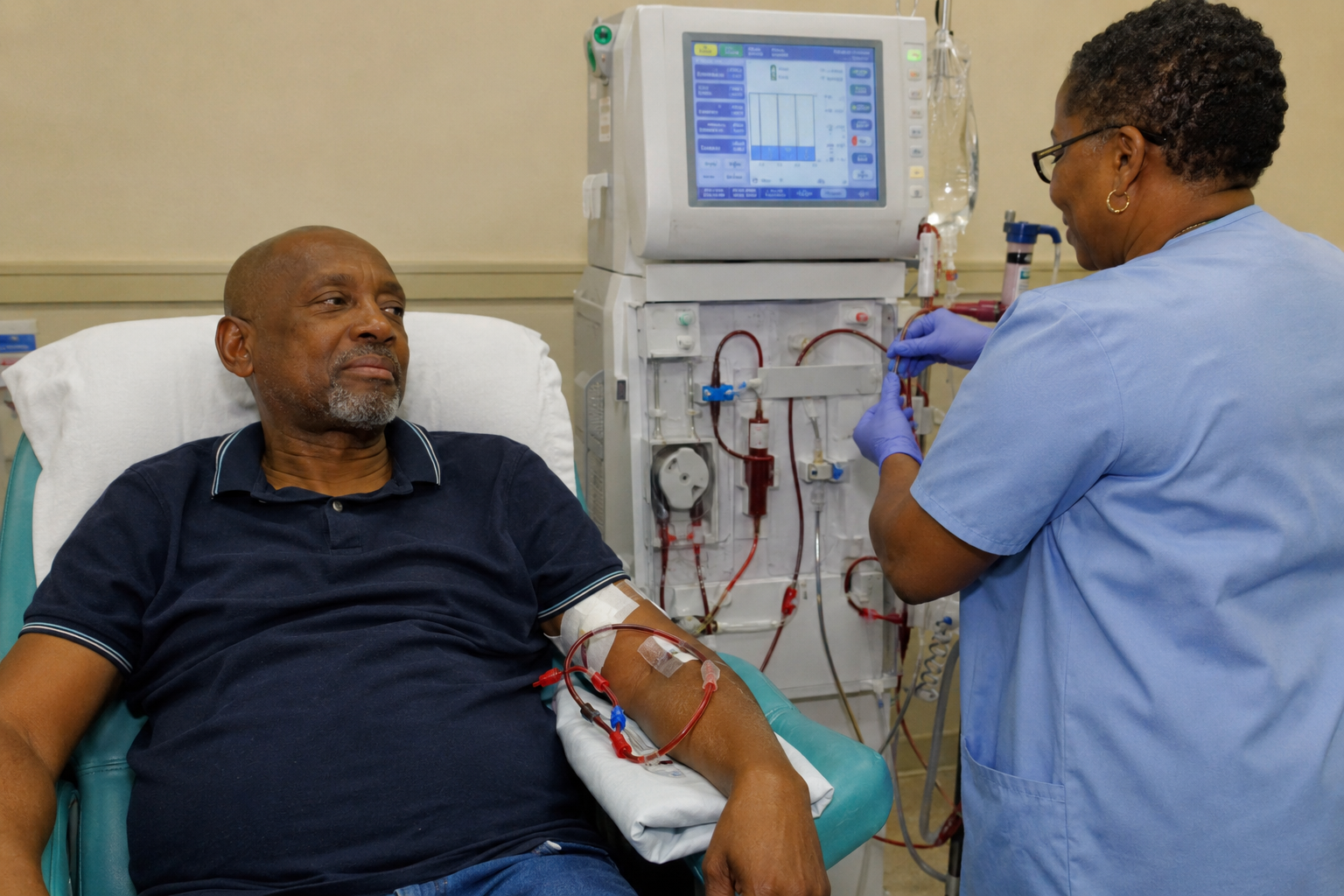 Dialysis nurse checking equipment before a home treatment session