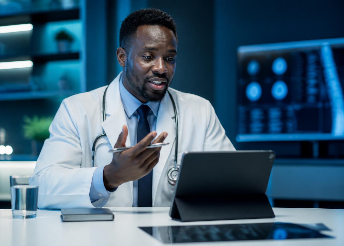 A doctor reviewing patient information during a remote consultation